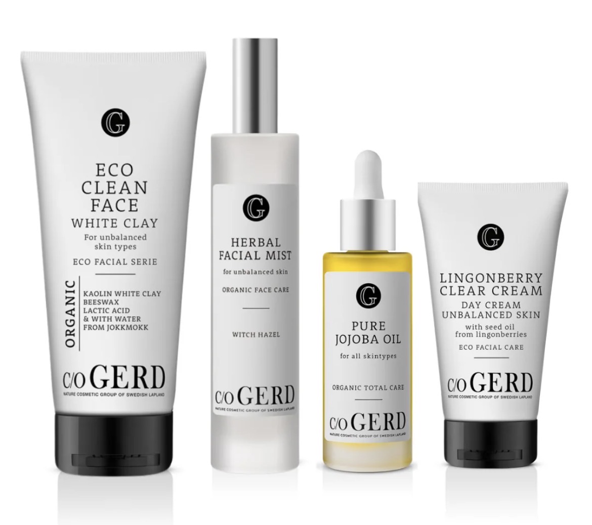c/o Gerd produkter: Eco Clean Face, Herbal Facial Mist, Pure Jojoba Oil och Lingonberry Clear Cream